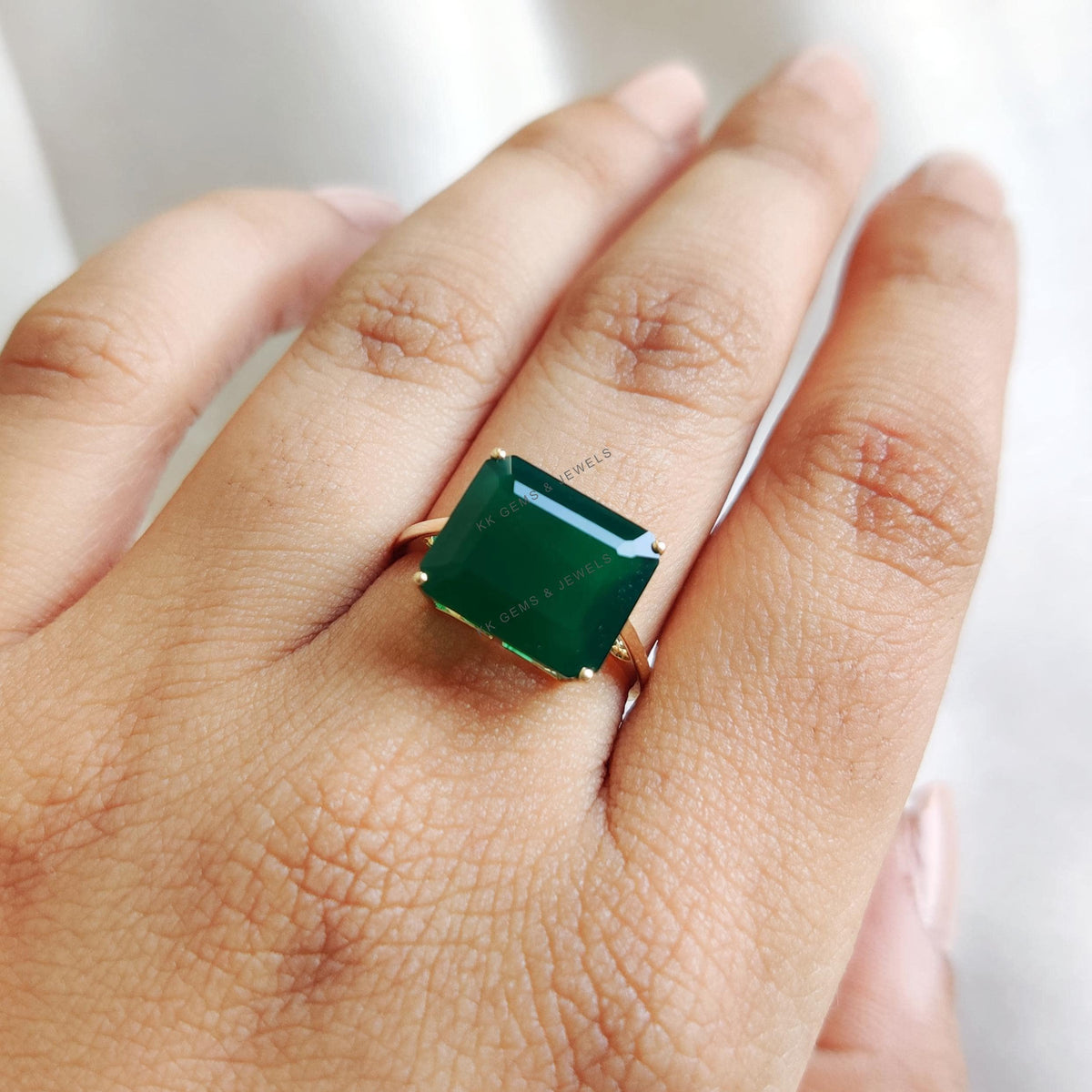 14K Solid Gold Natural Green Onyx Ring, Octagon Prong Setting Ring