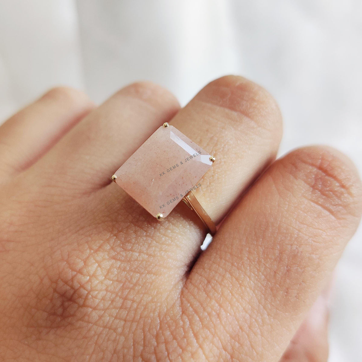Natural Peach Moonstone Ring, 14K Solid Yellow Gold, Octagon Gemstone