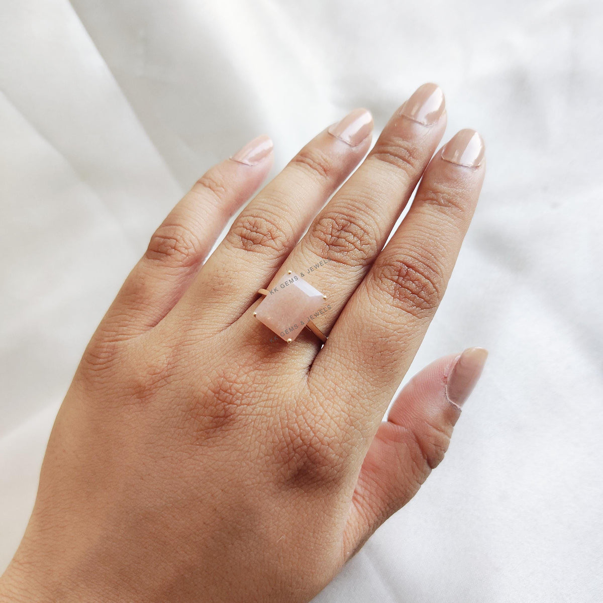 Natural Peach Moonstone Ring, 14K Solid Yellow Gold, Octagon Gemstone