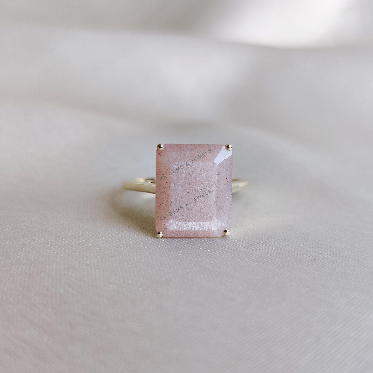 Natural Peach Moonstone Ring, 14K Solid Yellow Gold, Octagon Gemstone