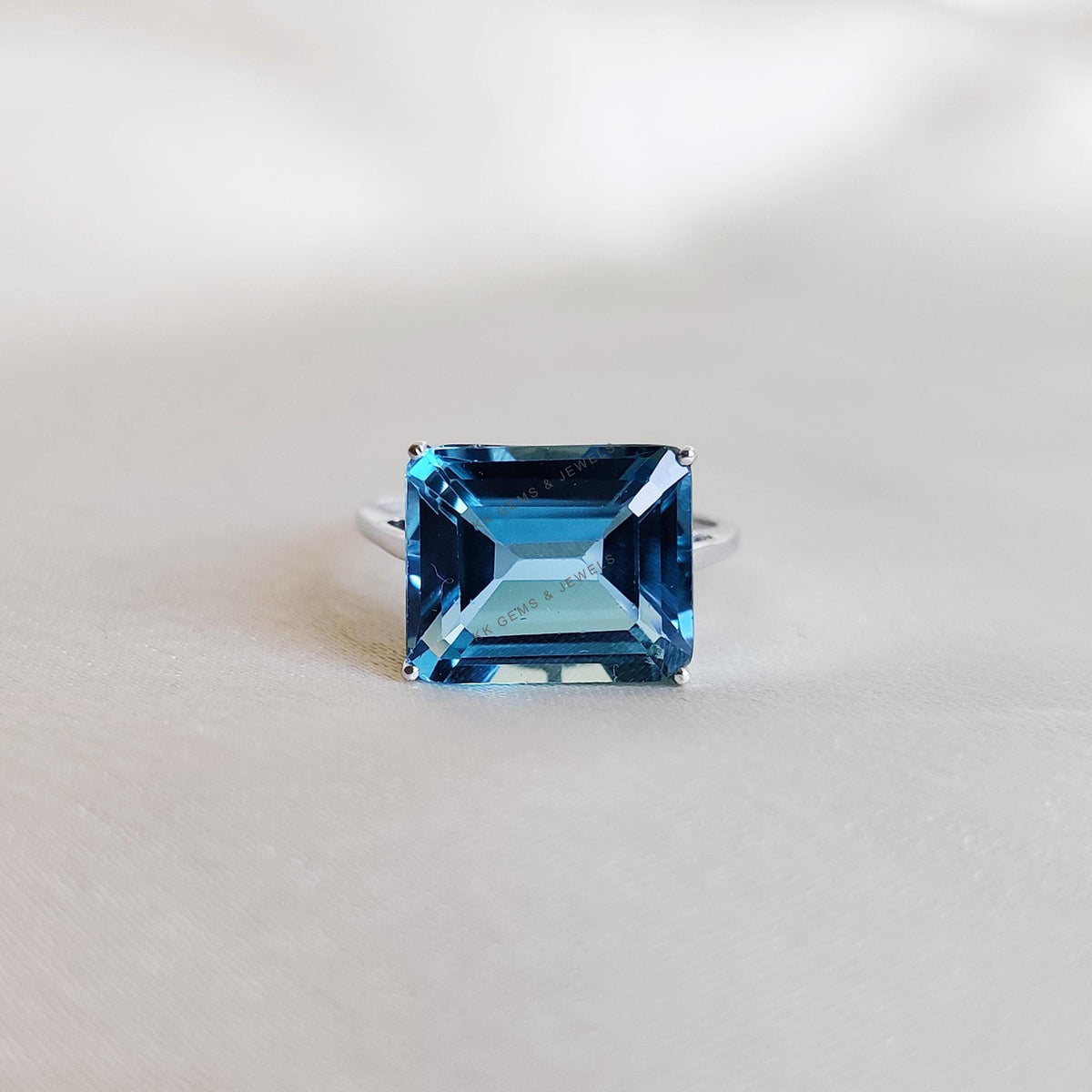 Natural London Blue Topaz Octagon Ring, 14K Solid White Gold, December Birthstone