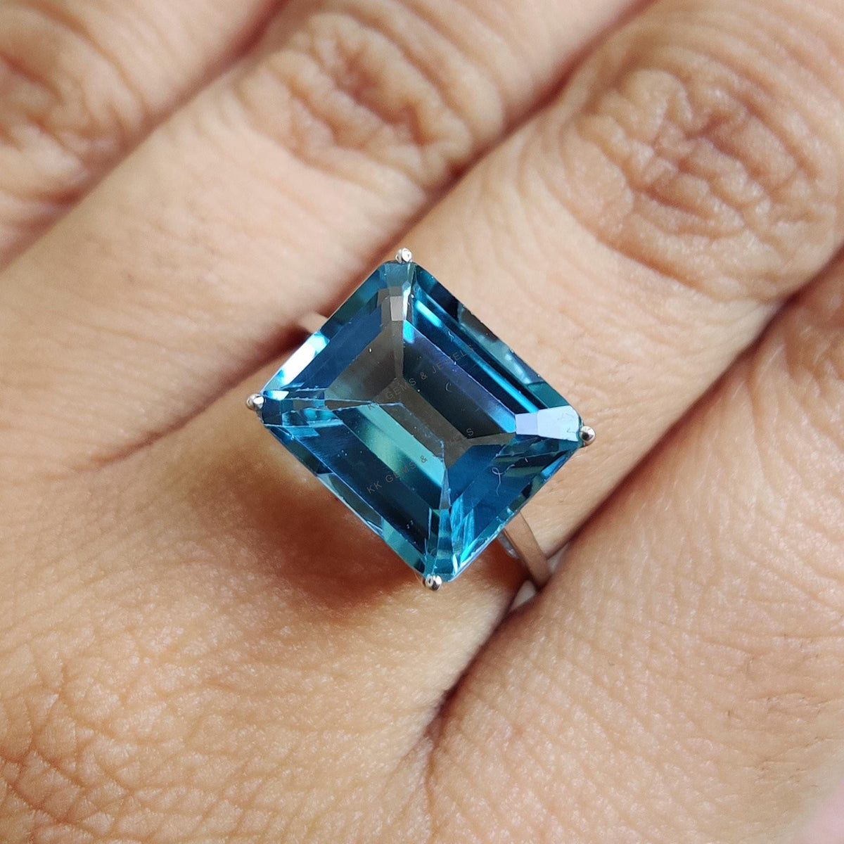 Natural London Blue Topaz Octagon Ring, 14K Solid White Gold, December Birthstone