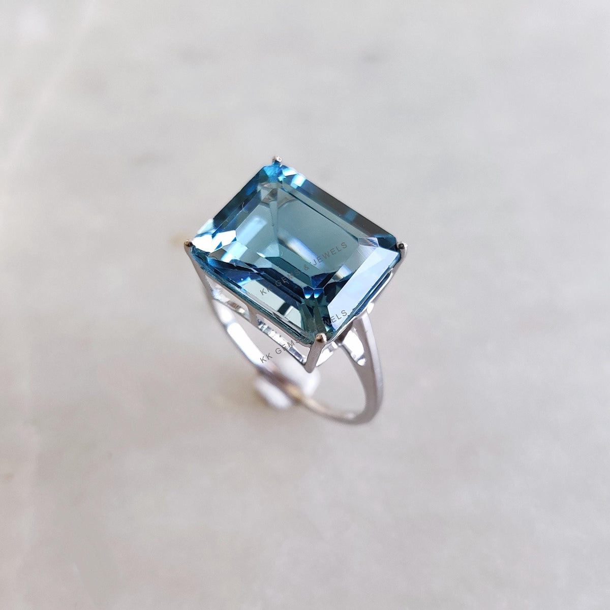 Natural London Blue Topaz Octagon Ring, 14K Solid White Gold, December Birthstone