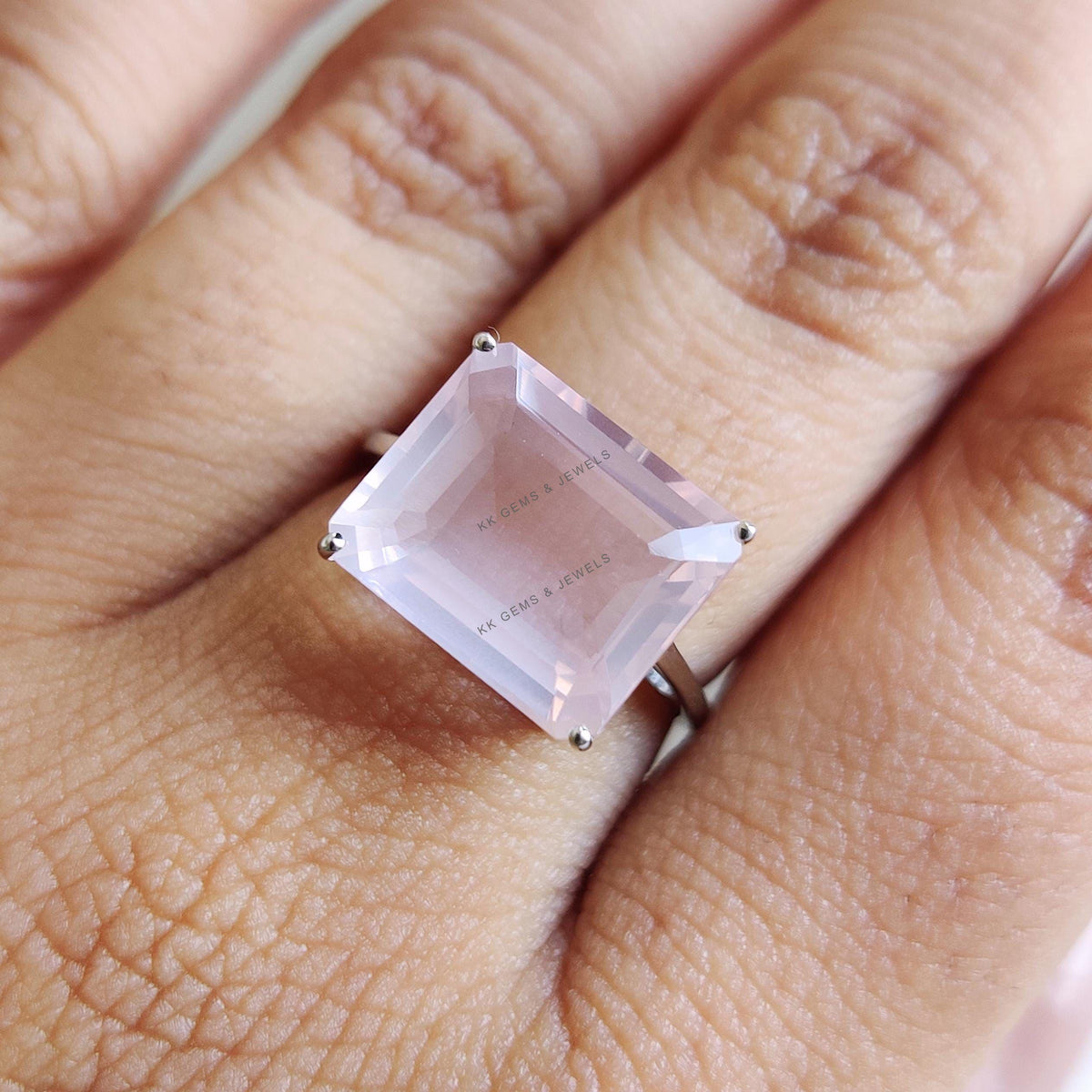 Natural Rose Quartz Octagon Ring: 14K Solid White Gold, January Birthstone