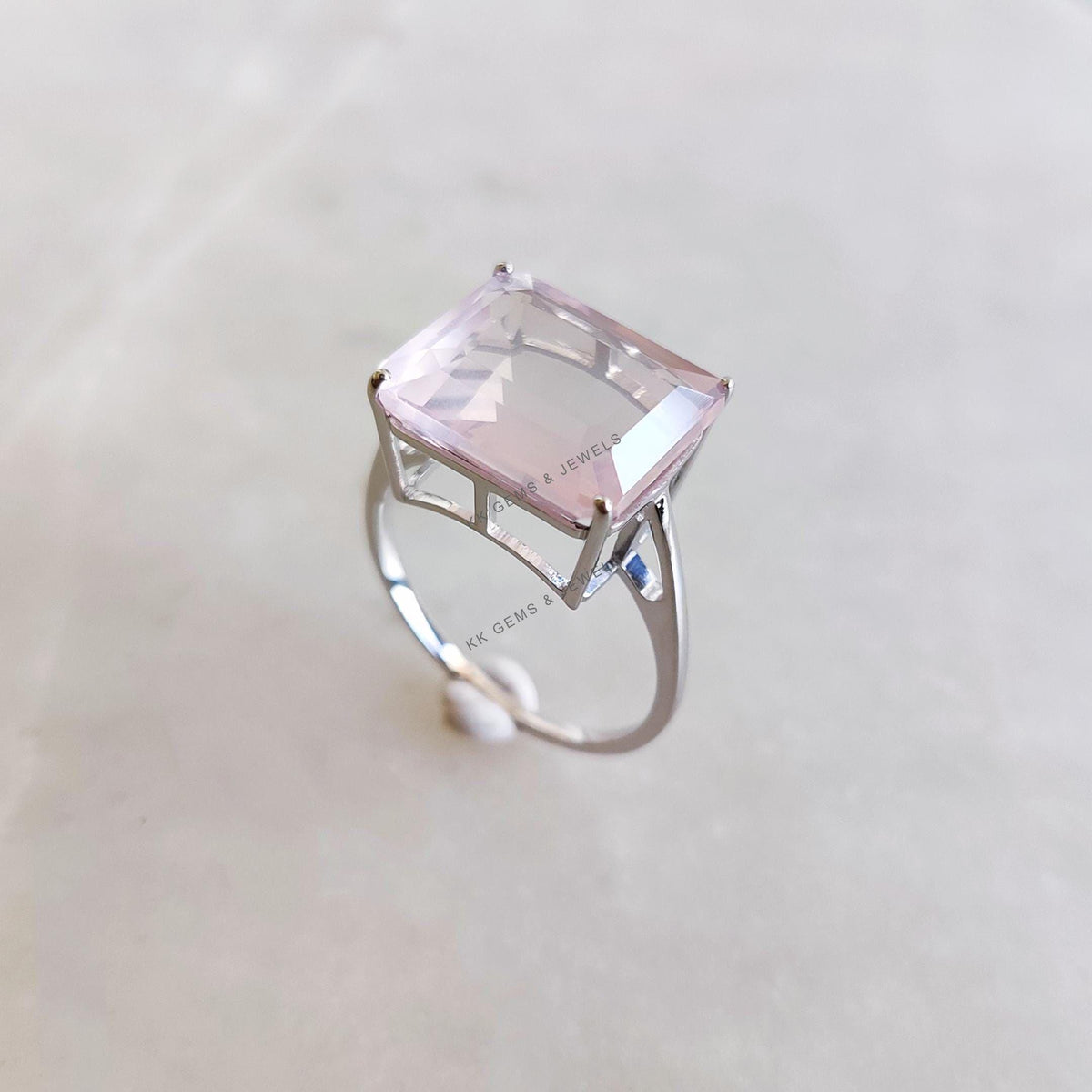 Natural Rose Quartz Octagon Ring: 14K Solid White Gold, January Birthstone
