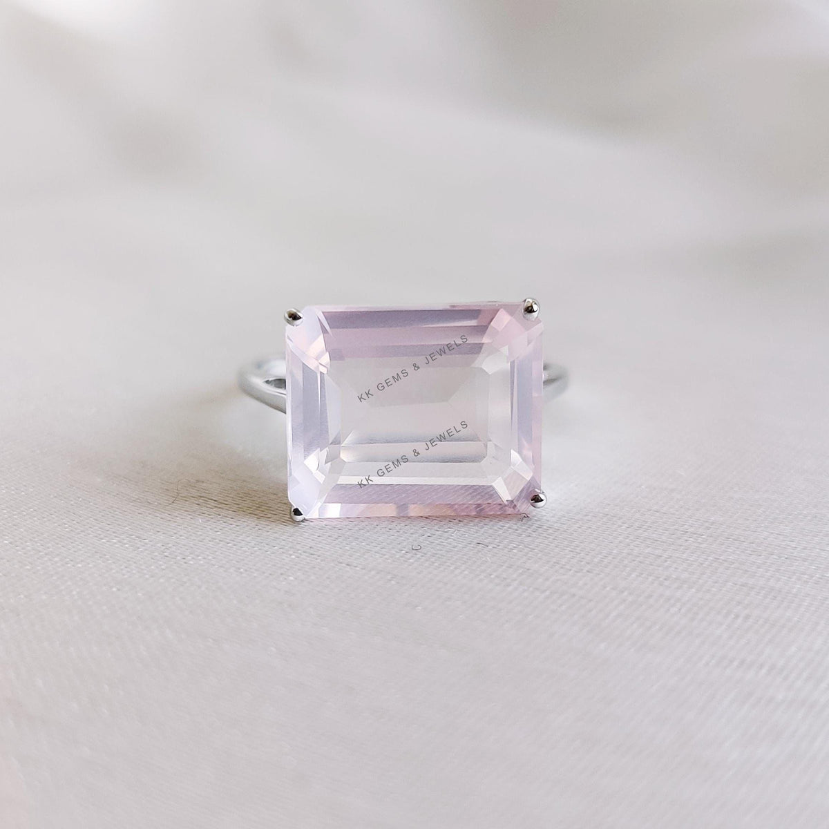 Natural Rose Quartz Octagon Ring: 14K Solid White Gold, January Birthstone