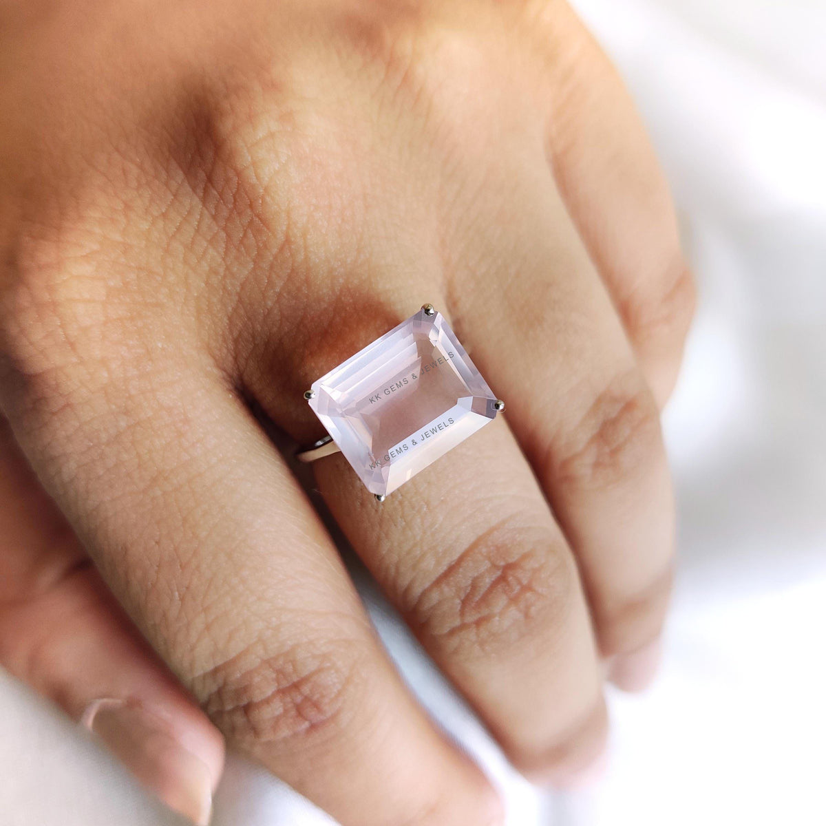 Natural Rose Quartz Octagon Ring: 14K Solid White Gold, January Birthstone