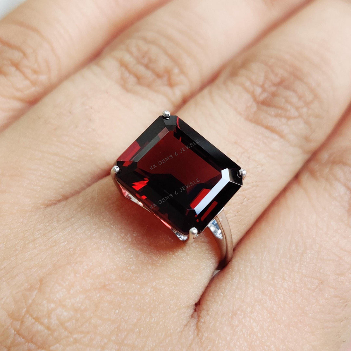 Natural Garnet Octagon Ring, 14K Solid White Gold, January Birthstone