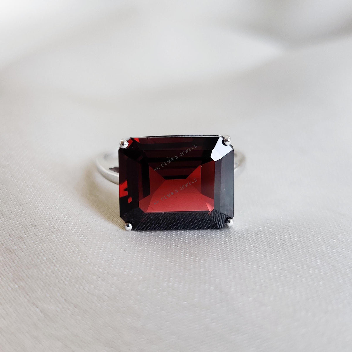 Natural Garnet Octagon Ring, 14K Solid White Gold, January Birthstone