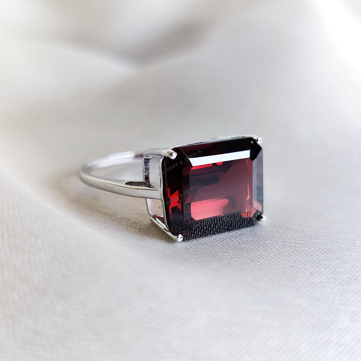 Natural Garnet Octagon Ring, 14K Solid White Gold, January Birthstone