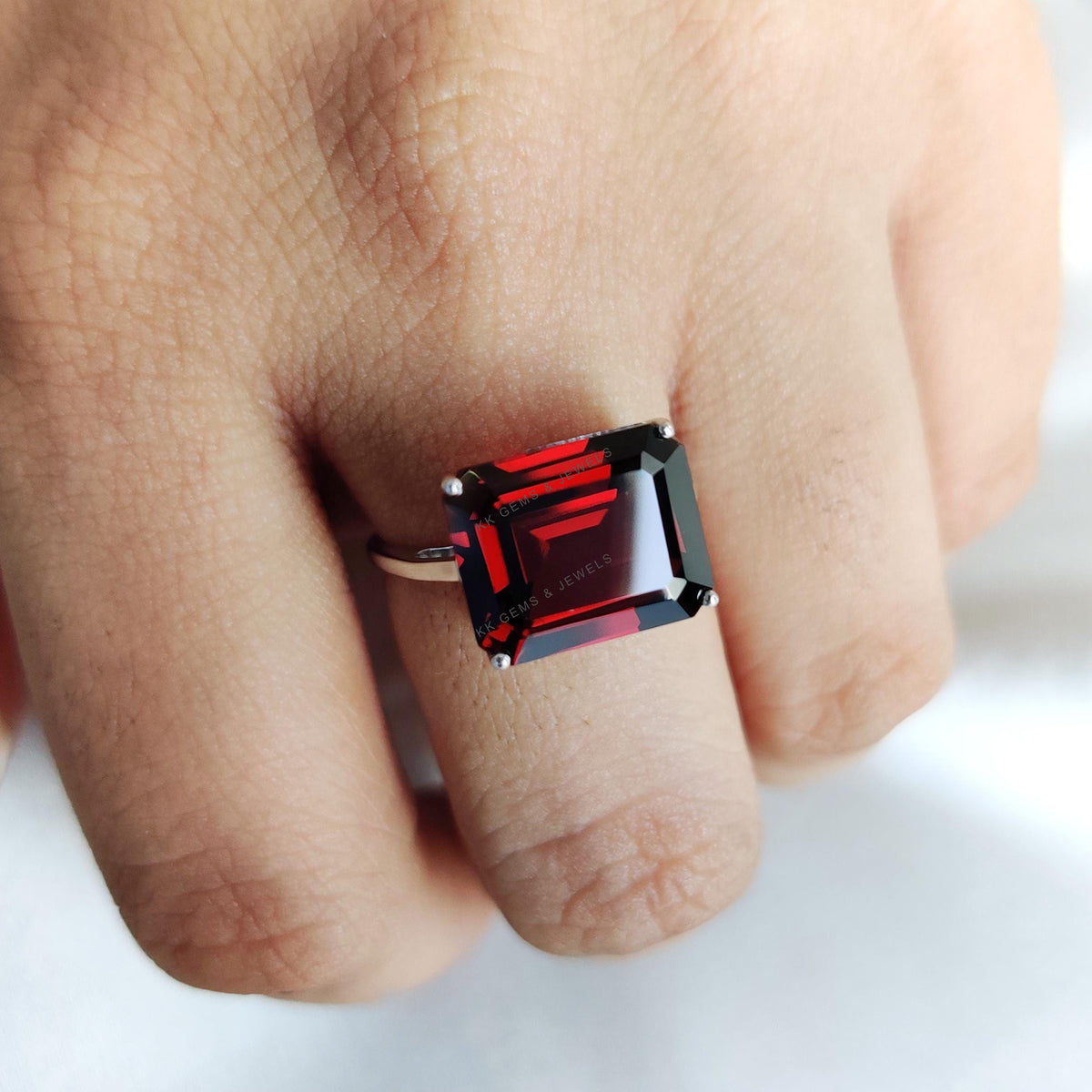 Natural Garnet Octagon Ring, 14K Solid White Gold, January Birthstone