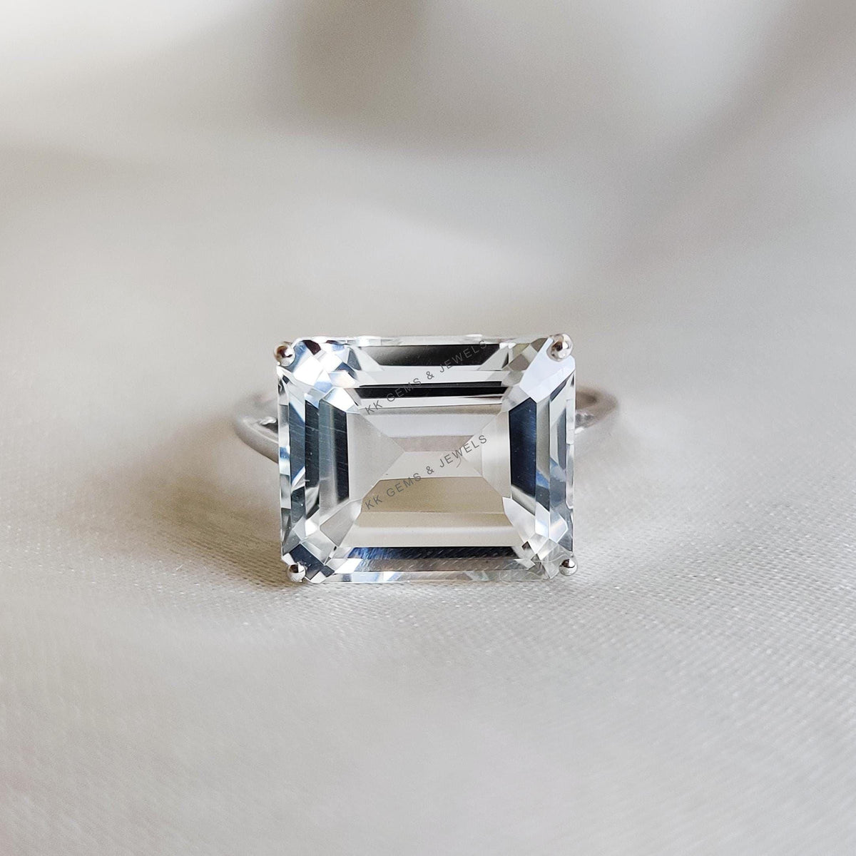 14K Solid White Gold Ring, Natural Octagon White Topaz, November Birthstone