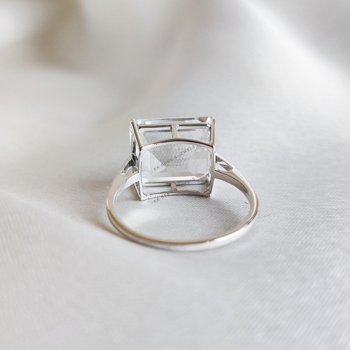 14K Solid White Gold Ring, Natural Octagon White Topaz, November Birthstone