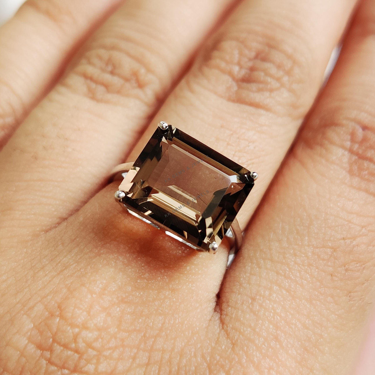 Natural Smoky Quartz Ring, 14K Solid White Gold Octagon Ring, June Birthstone