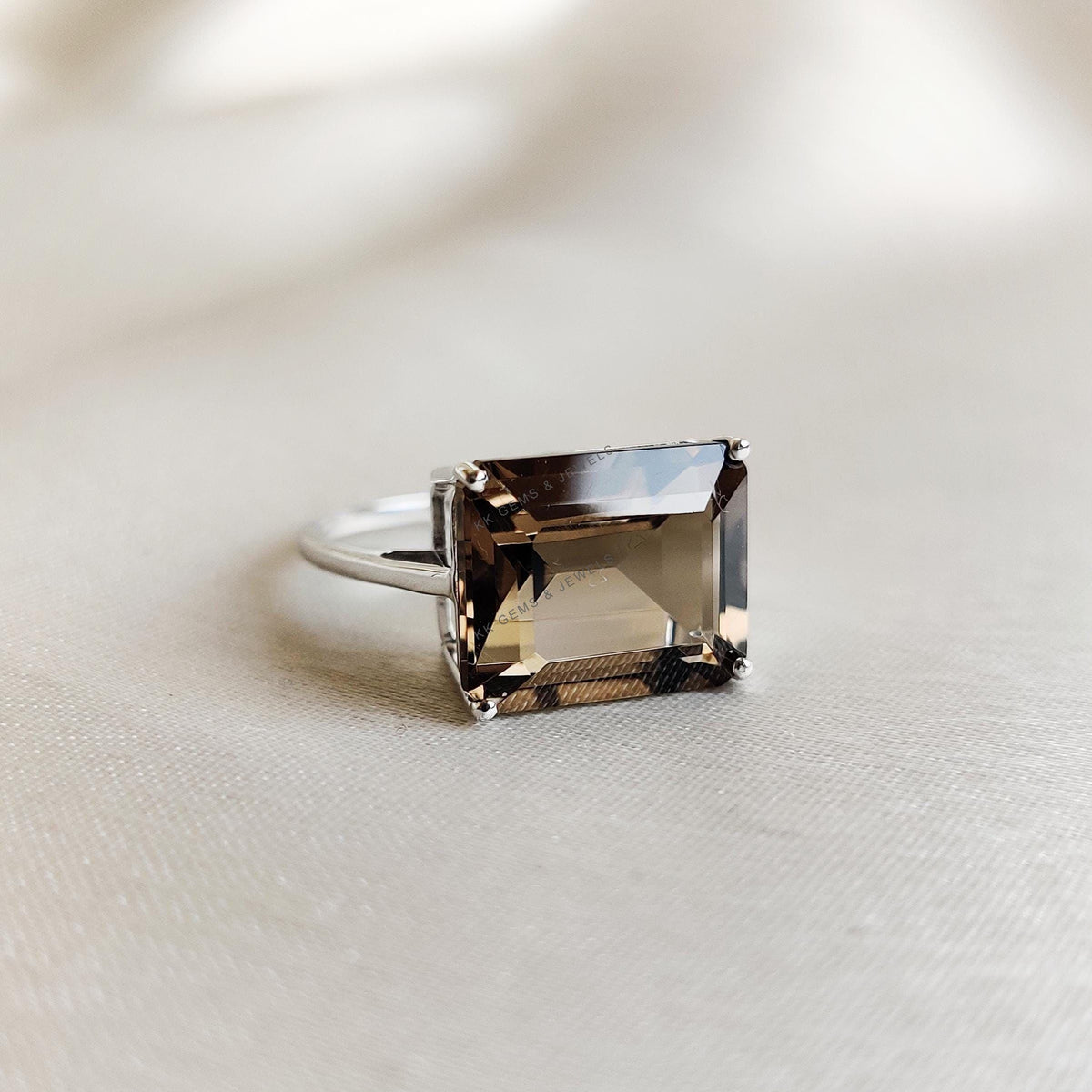 Natural Smoky Quartz Ring, 14K Solid White Gold Octagon Ring, June Birthstone