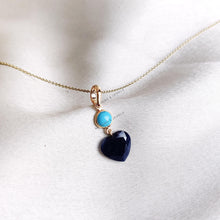 14K Solid Gold Natural Turquoise & Blue Sapphire Heart Pendant, September December Birthstone