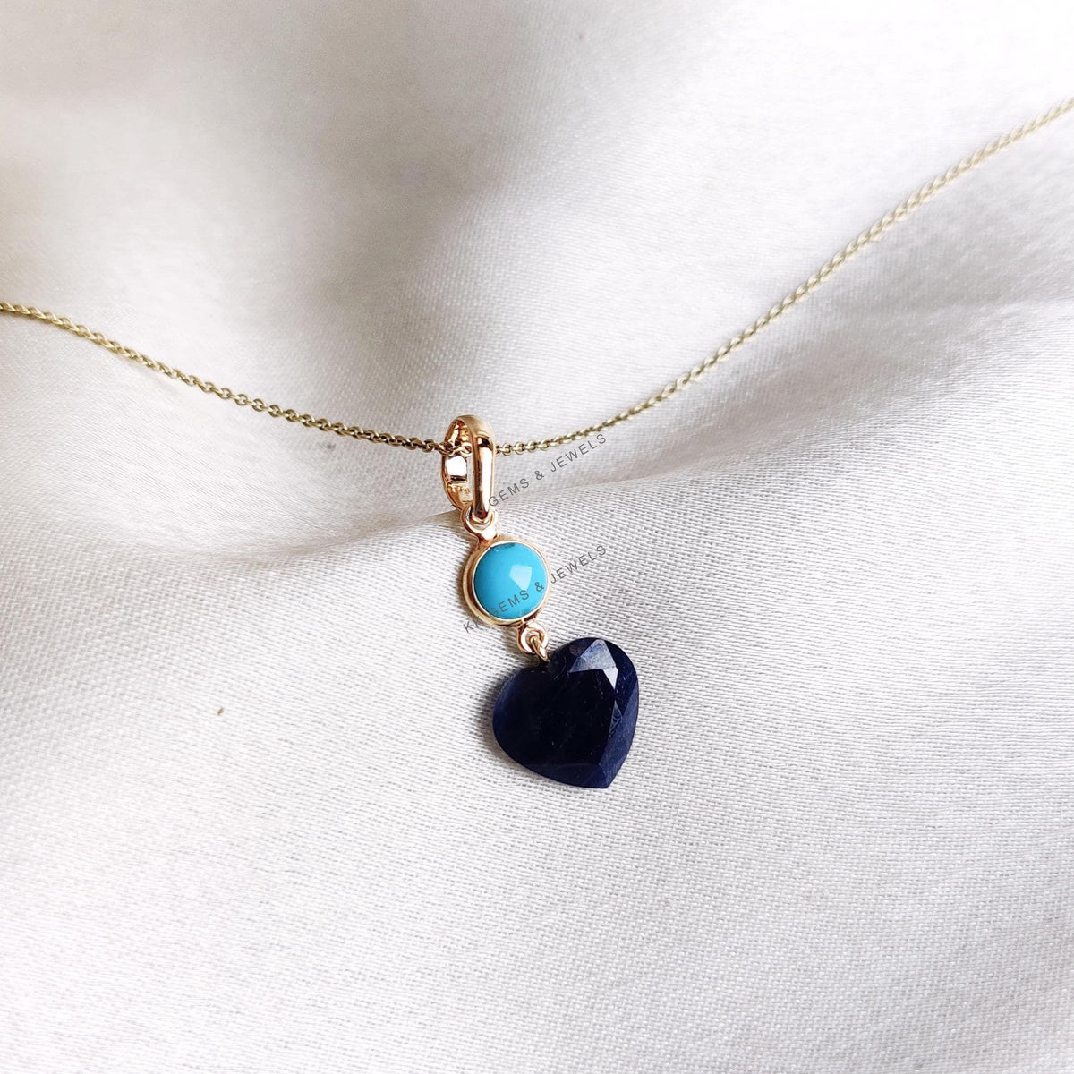 14K Solid Gold Natural Turquoise & Blue Sapphire Heart Pendant, September December Birthstone