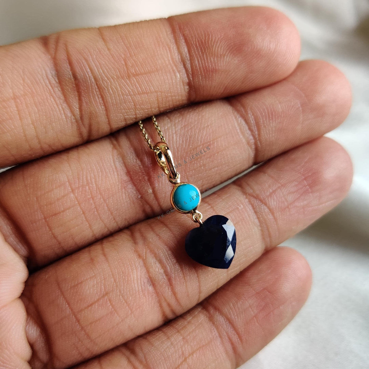 14K Solid Gold Natural Turquoise & Blue Sapphire Heart Pendant, September December Birthstone