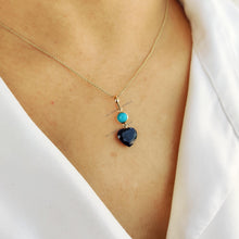 14K Solid Gold Natural Turquoise & Blue Sapphire Heart Pendant, September December Birthstone