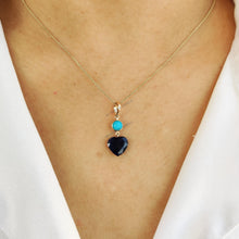 14K Solid Gold Natural Turquoise & Blue Sapphire Heart Pendant, September December Birthstone