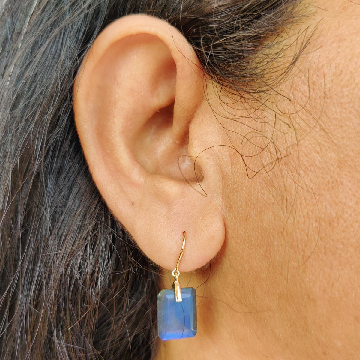 Natural Blue Labradorite Octagon Drill 14K Solid Gold Earrings, November Birthstone
