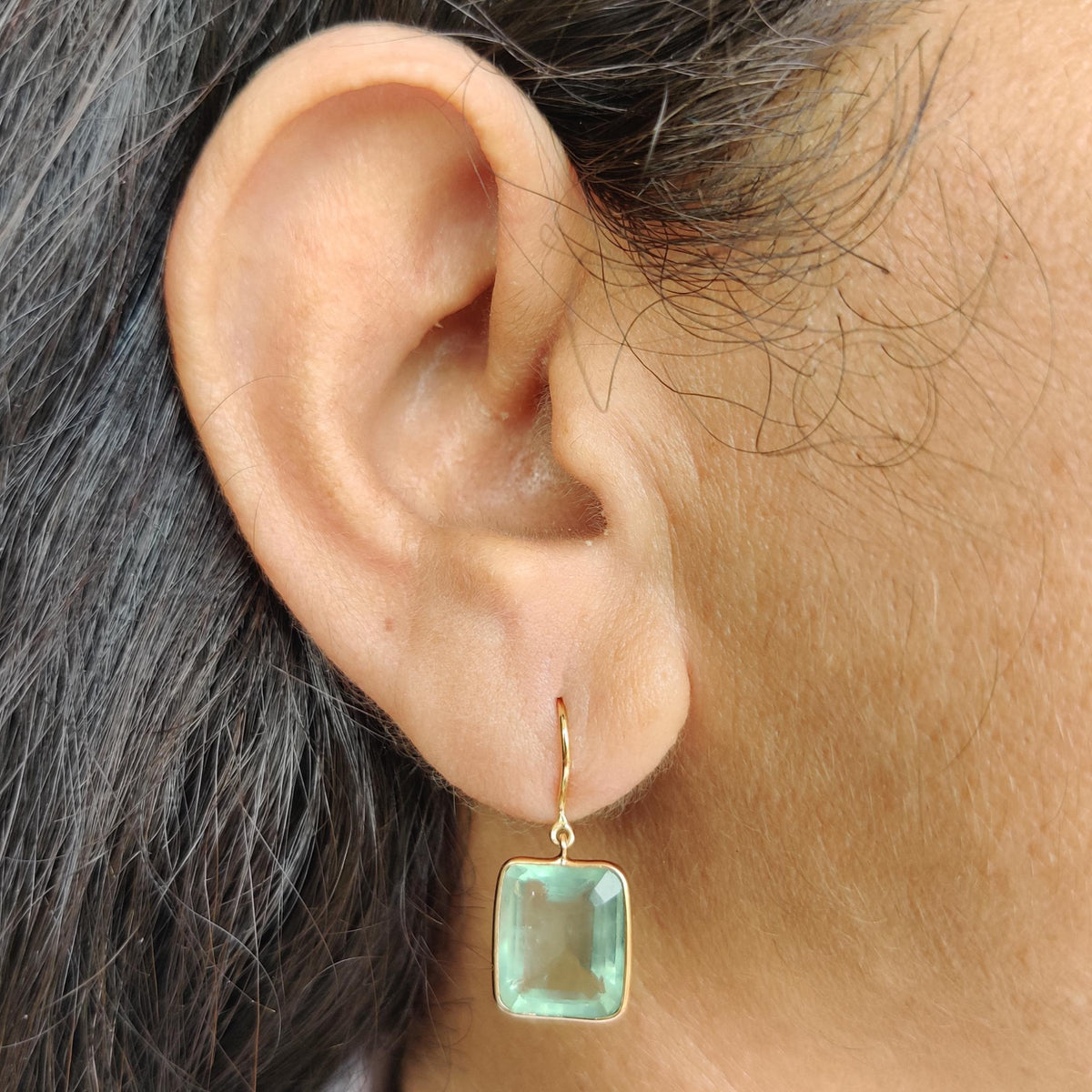 14K Solid Gold Natural Fluorite Bezel Set Earring, March Birthstone