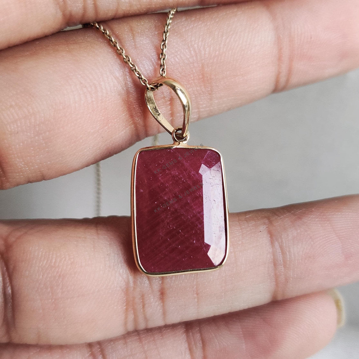 14K Solid Yellow Gold Natural Ruby Pendant: Bezel Set Octagon, July Birthstone
