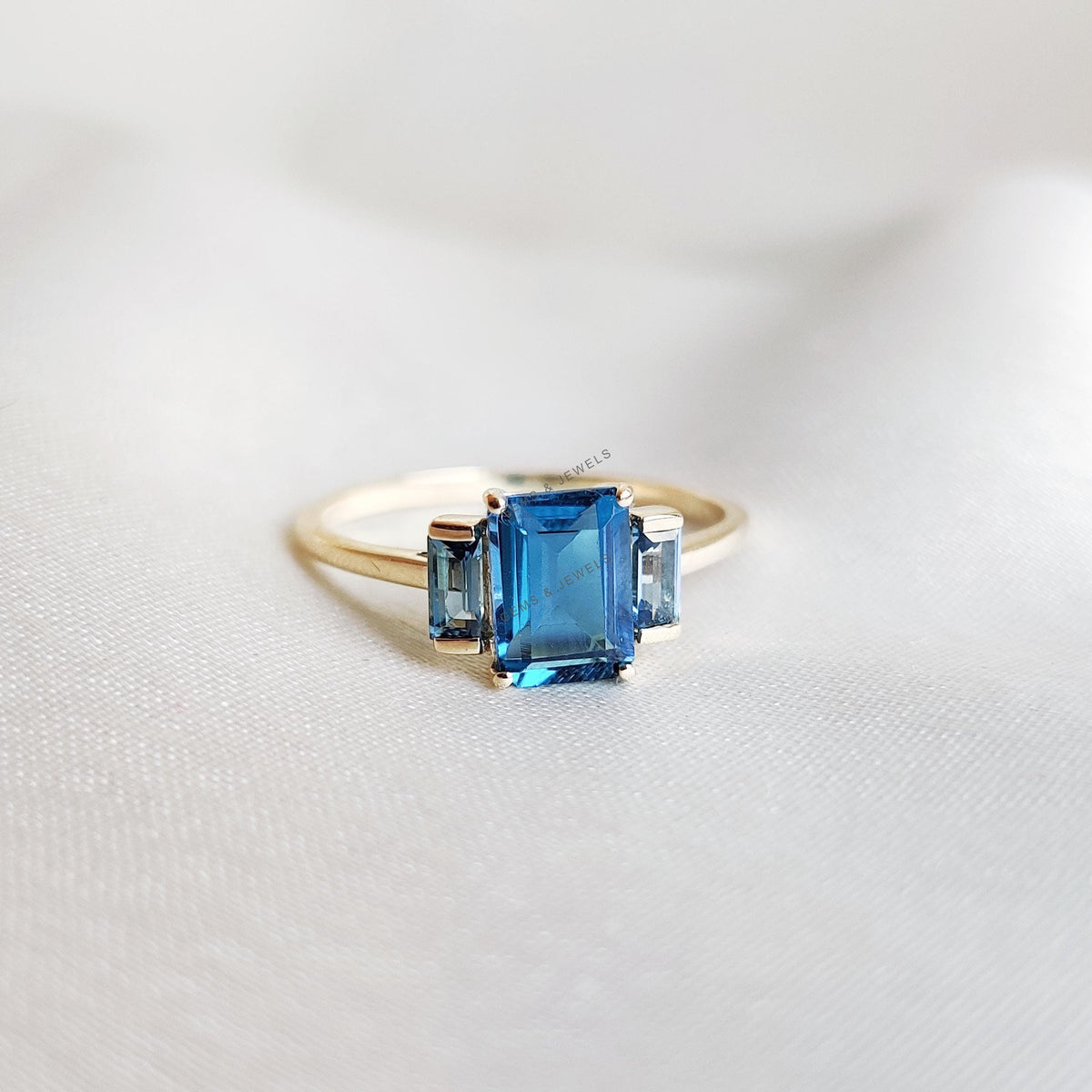 Natural London Blue Topaz Ring, 14K Solid Yellow Gold, December Birthstone