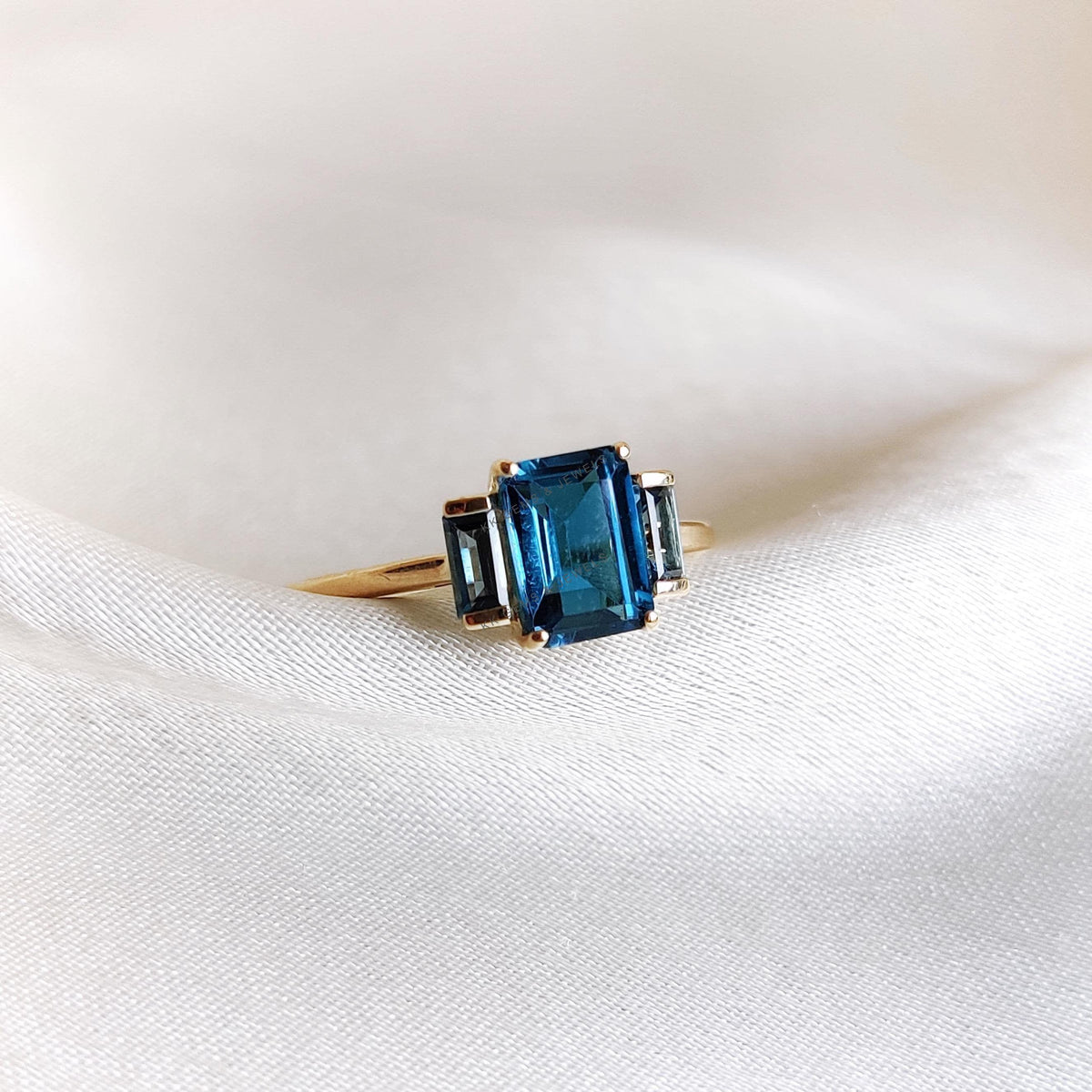 Natural London Blue Topaz Ring, 14K Solid Yellow Gold, December Birthstone