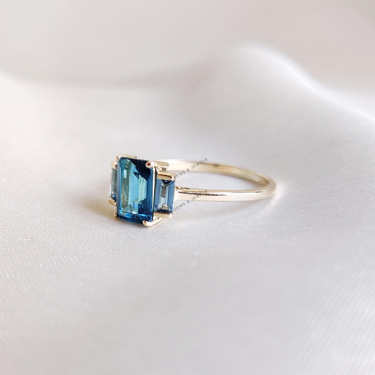 Natural London Blue Topaz Ring, 14K Solid Yellow Gold, December Birthstone