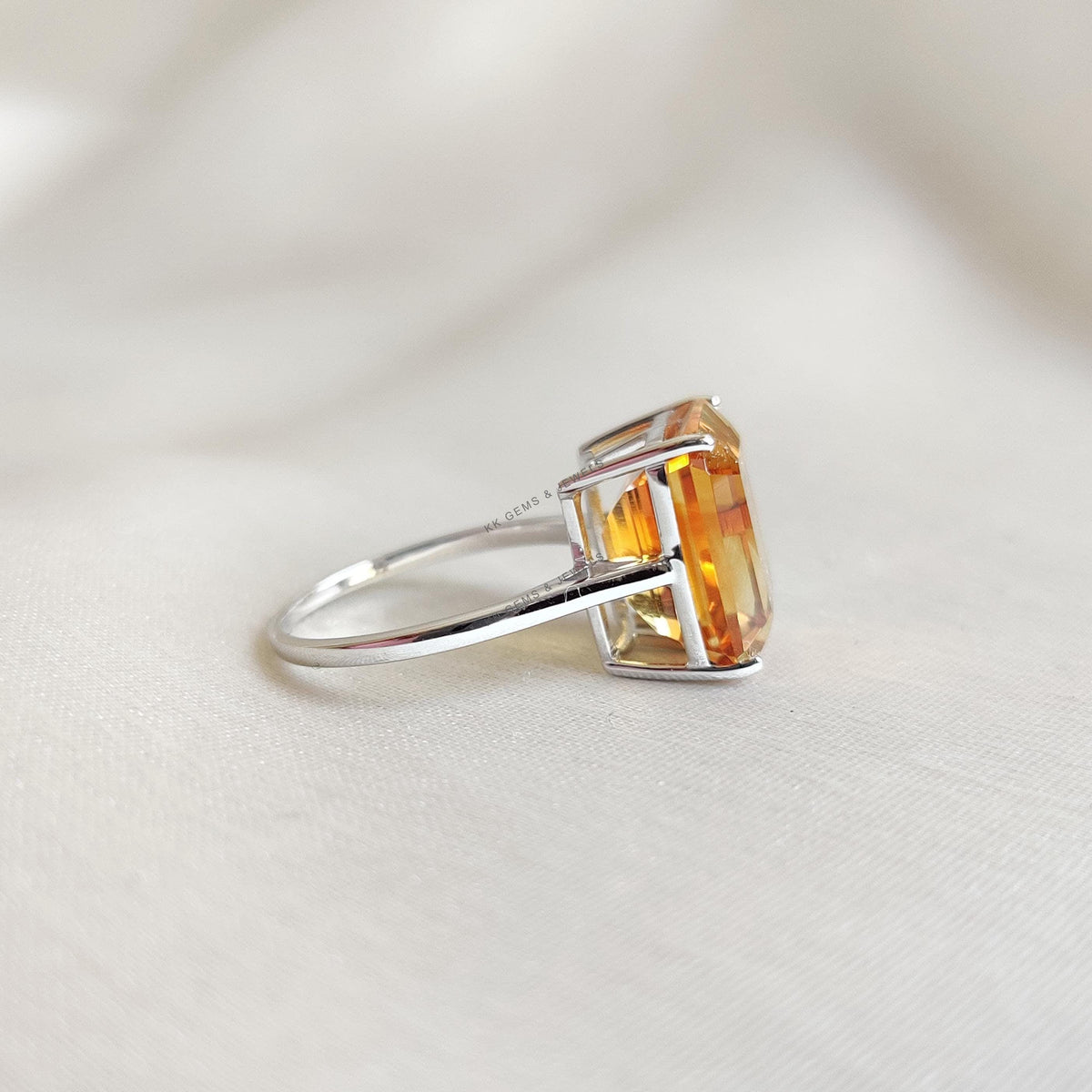Natural Citrine Octagon Ring, 14K Solid White Gold, November Birthstone
