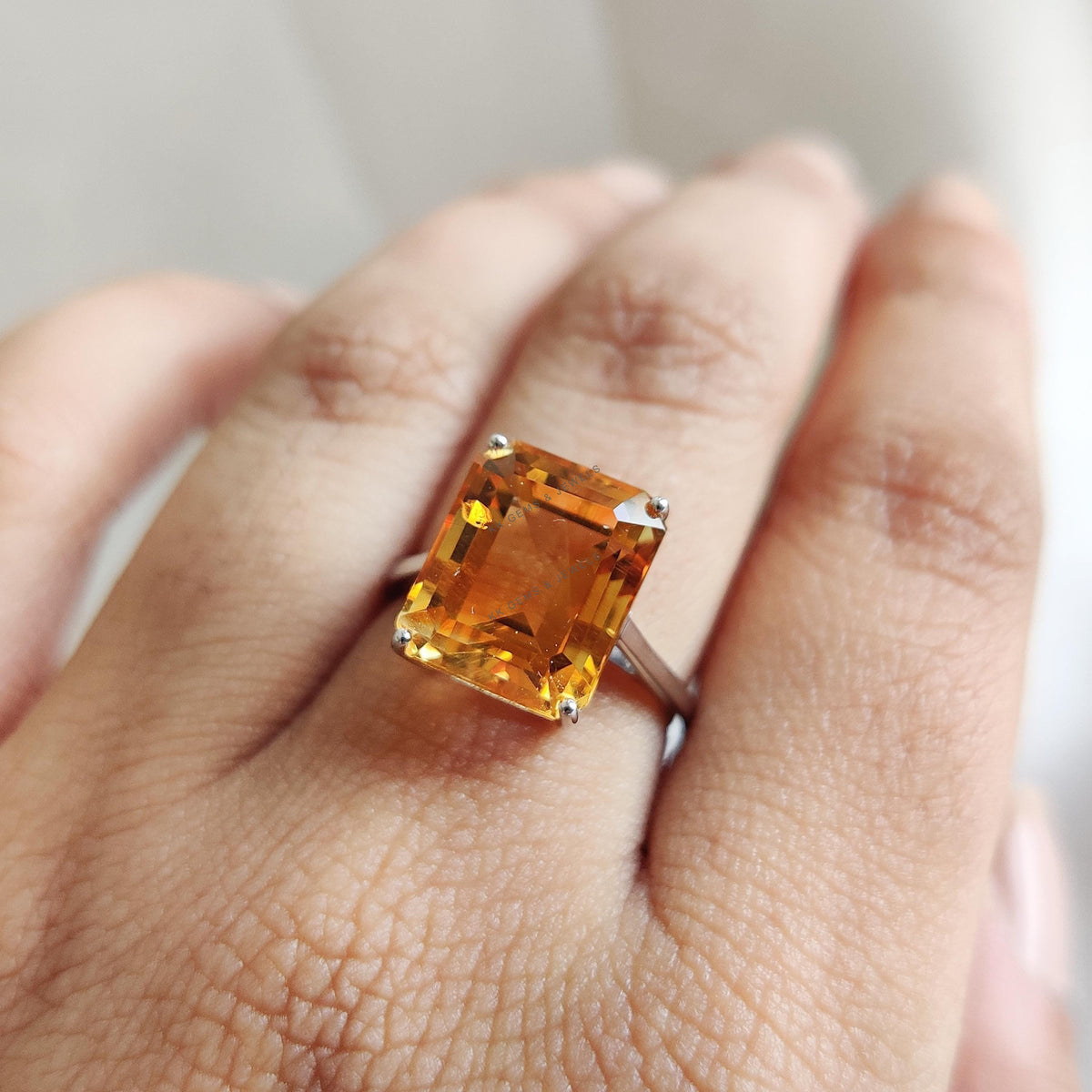 Natural Citrine Octagon Ring, 14K Solid White Gold, November Birthstone