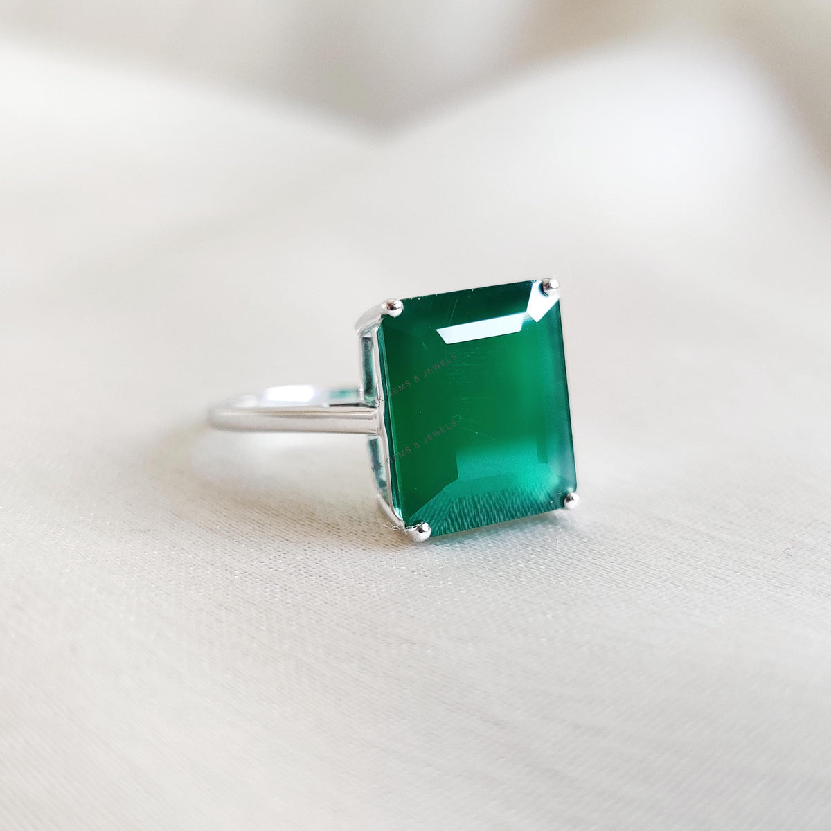 Natural Green Onyx Ring, 14K Solid White Gold, May Birthstone