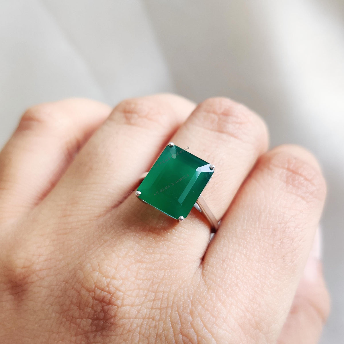 Natural Green Onyx Ring, 14K Solid White Gold, May Birthstone