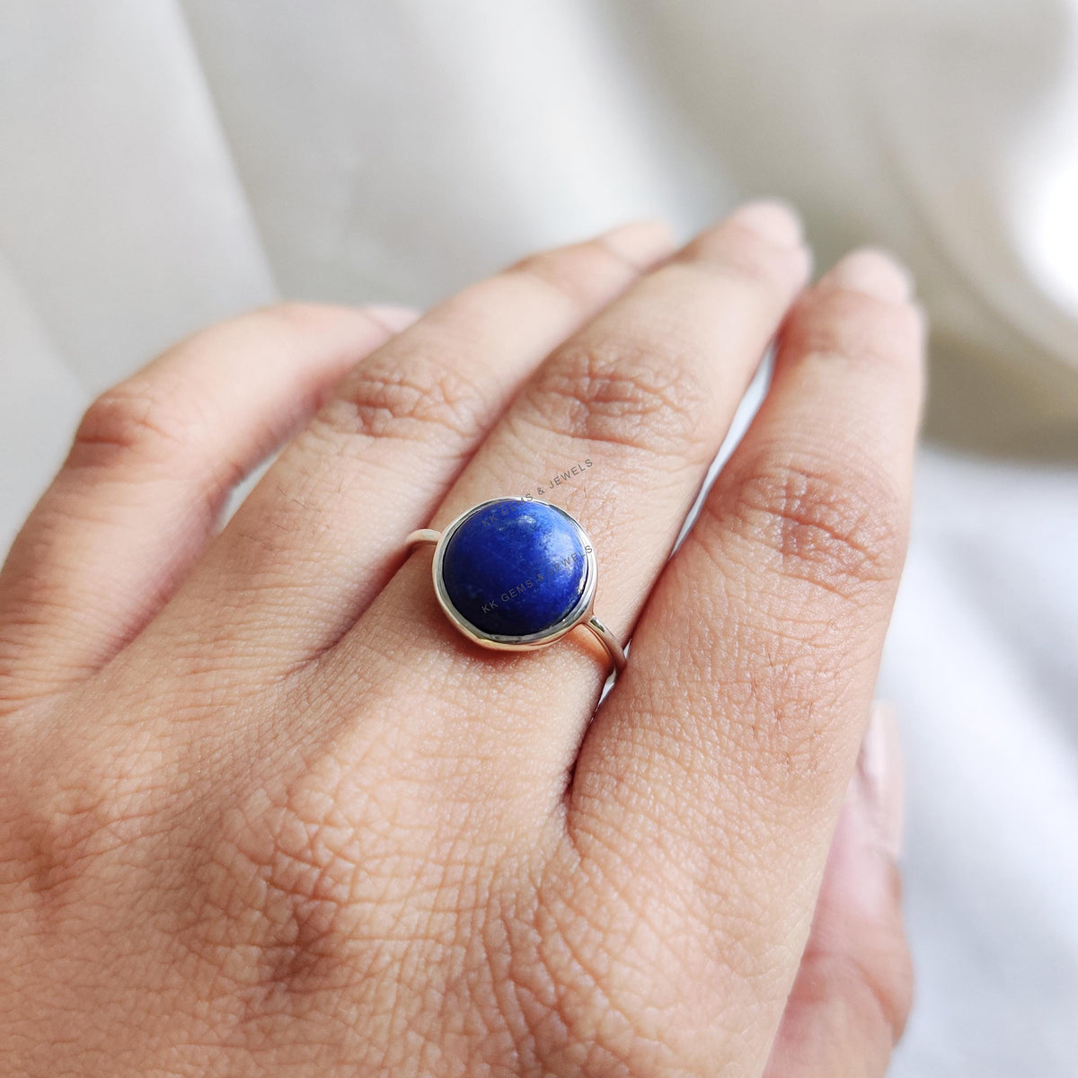 Natural Lapis Lazuli Ring, 14K Solid White Gold Bezel Ring, September Birthstone