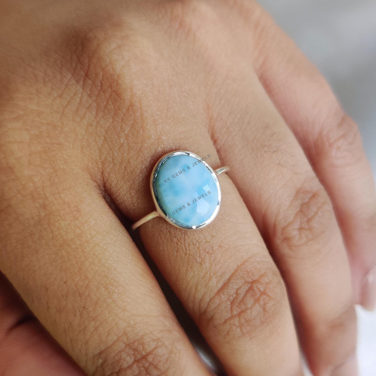 Natural Larimar Ring, 14K Solid White Gold Bezel Ring, Oval Cabochon