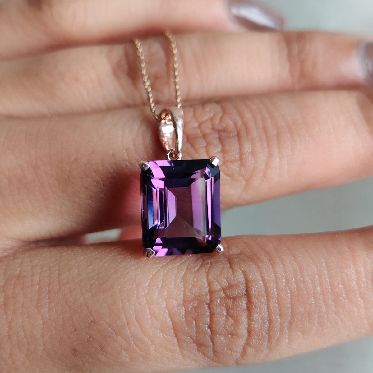 Emerald Cut Natural Purple Amethyst Pendant, 14K Solid Rose Gold, February Birthstone