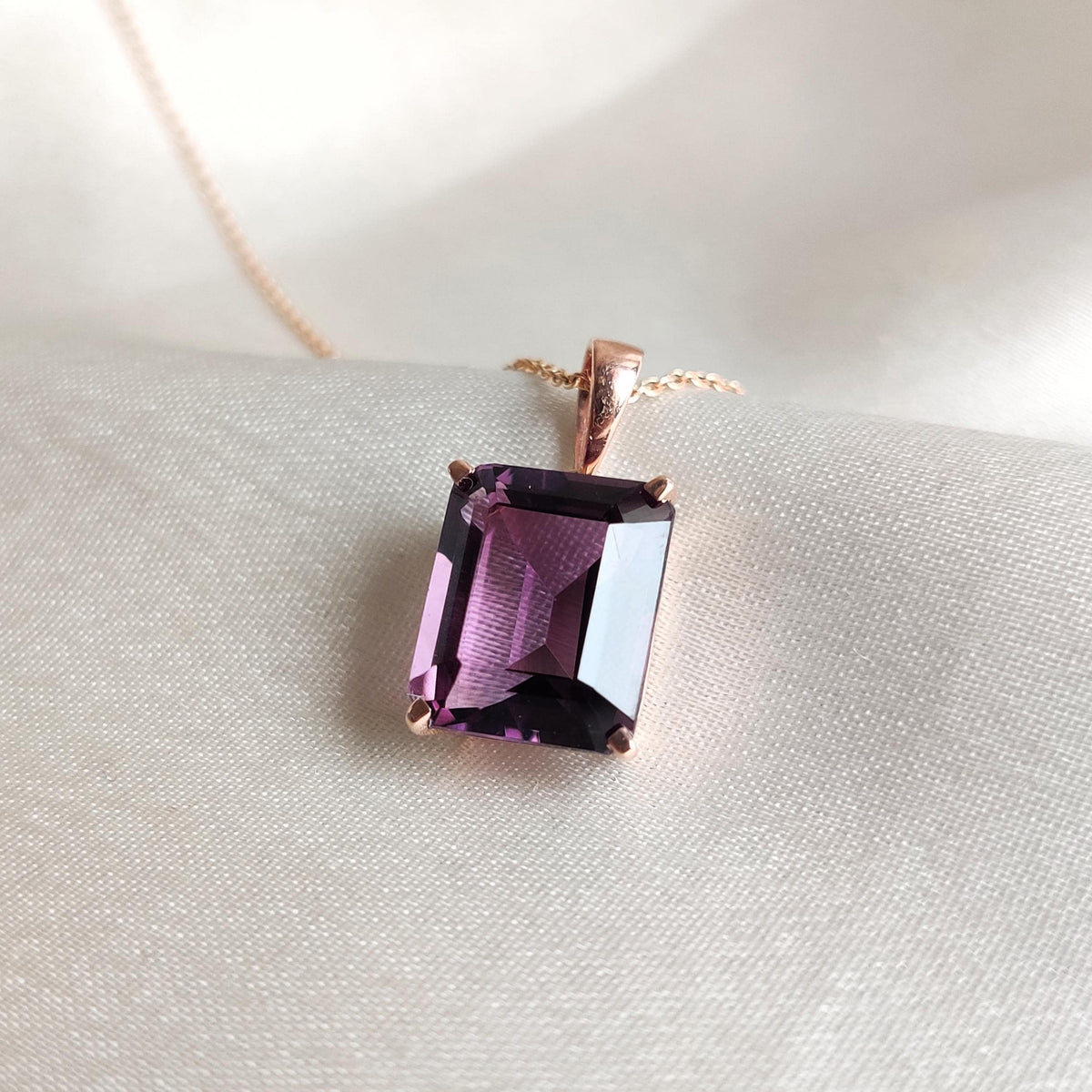 Emerald Cut Natural Purple Amethyst Pendant, 14K Solid Rose Gold, February Birthstone