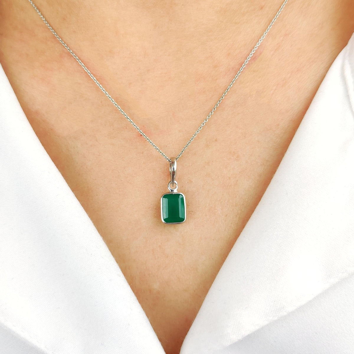 Emerald Cut Natural Green Onyx Pendant, 14K Solid White Gold, May Birthstone