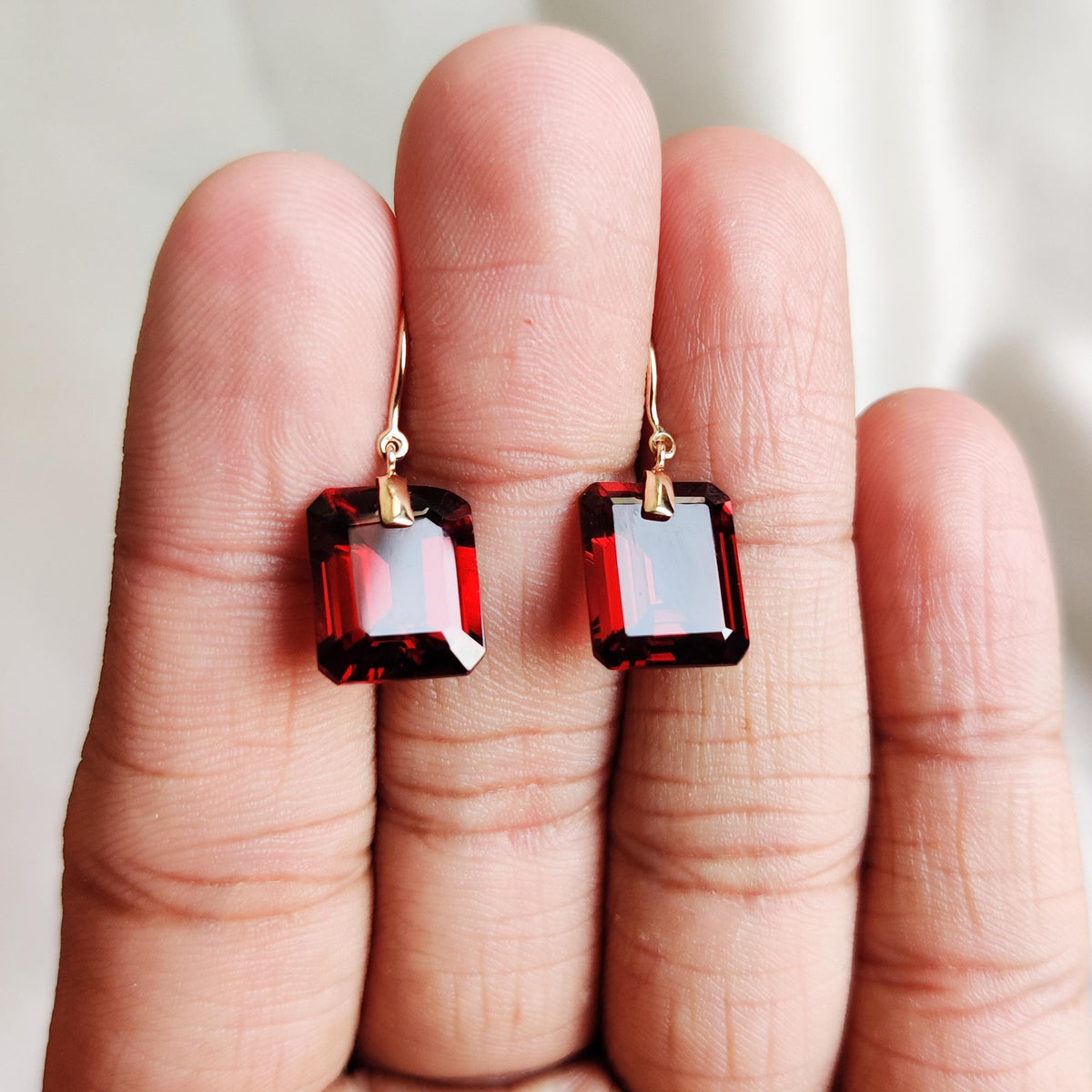 14K Solid Yellow Gold Natural Garnet Drill Earrings, January Birthstone