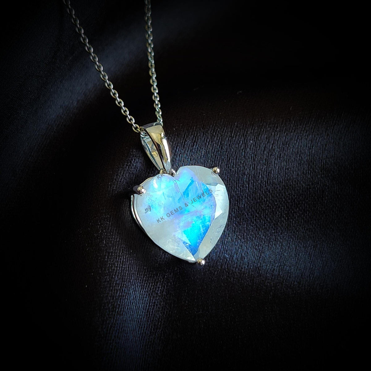 Natural Rainbow Moonstone Heart Pendant, 14K Solid White Gold, June Birthstone