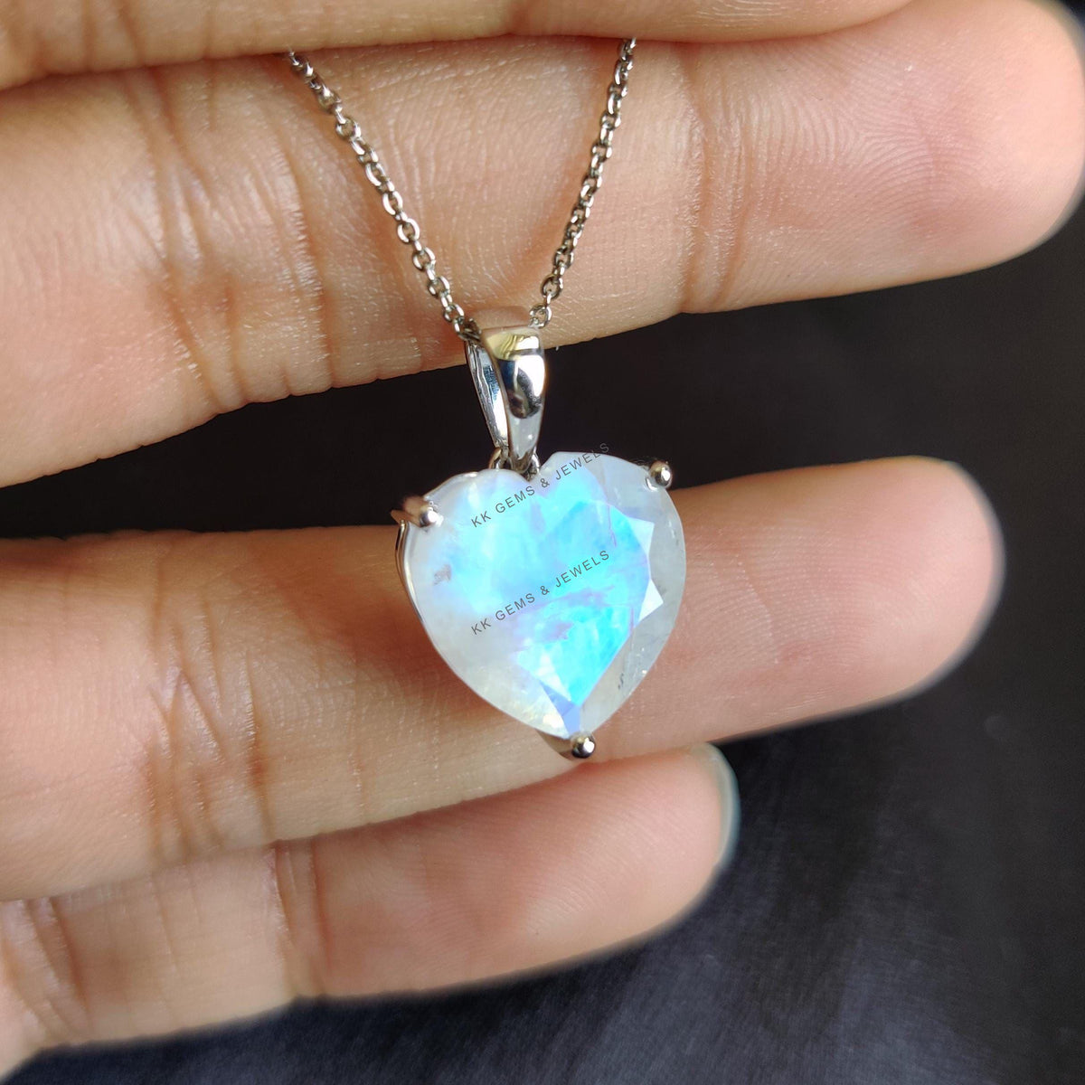 Natural Rainbow Moonstone Heart Pendant, 14K Solid White Gold, June Birthstone