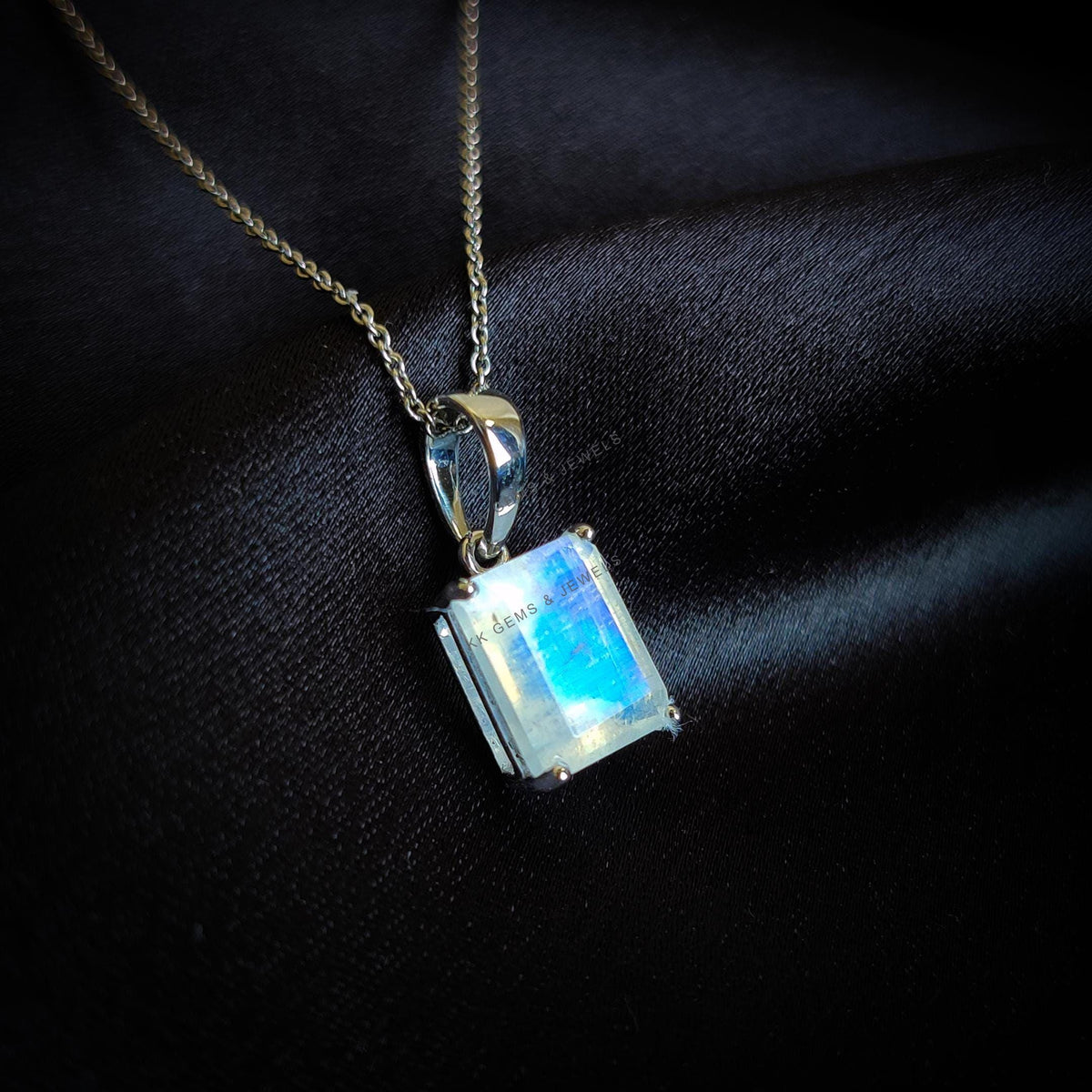 Natural Rainbow Moonstone Octagon Pendant, 14K Solid White Gold, June Birthstone