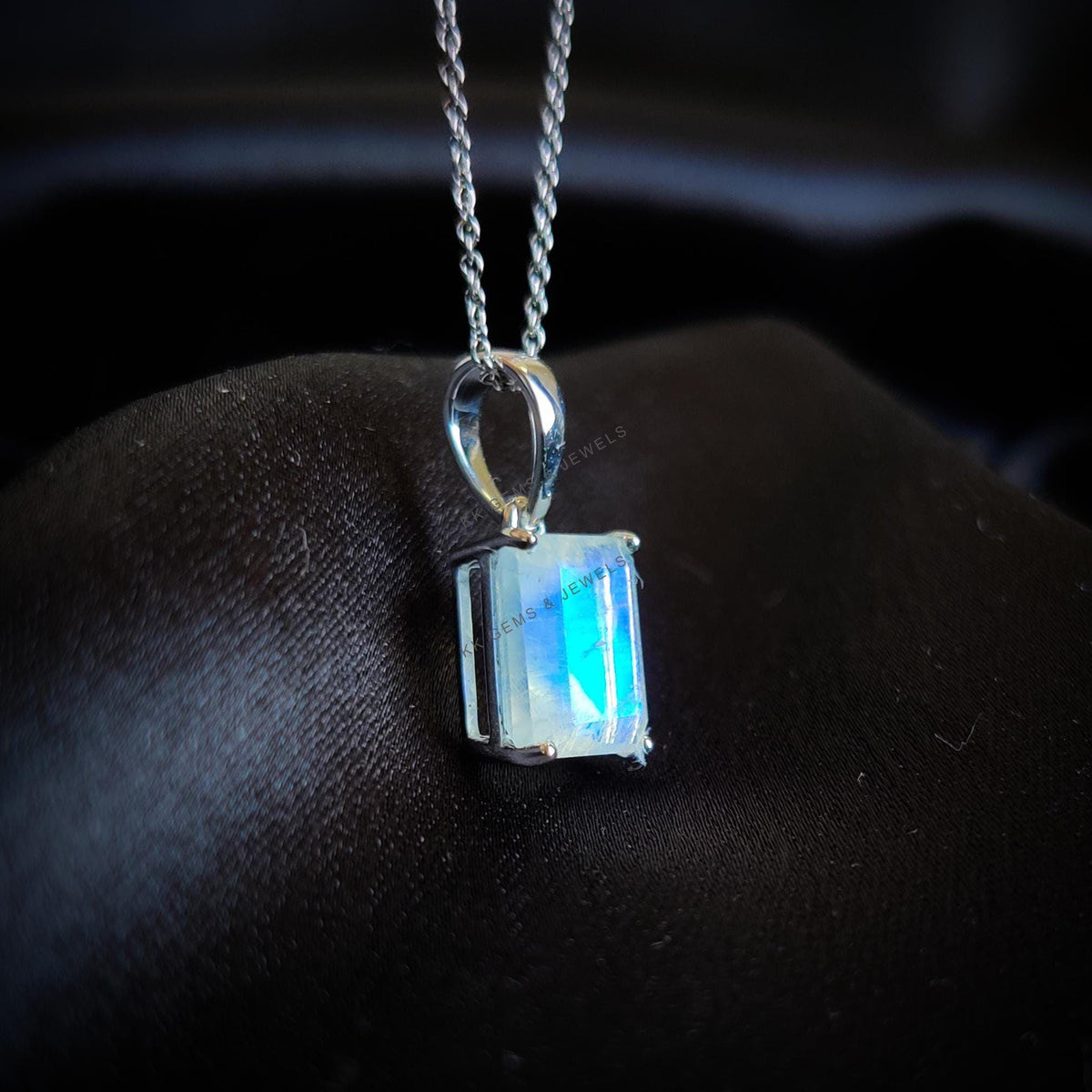 Natural Rainbow Moonstone Octagon Pendant, 14K Solid White Gold, June Birthstone