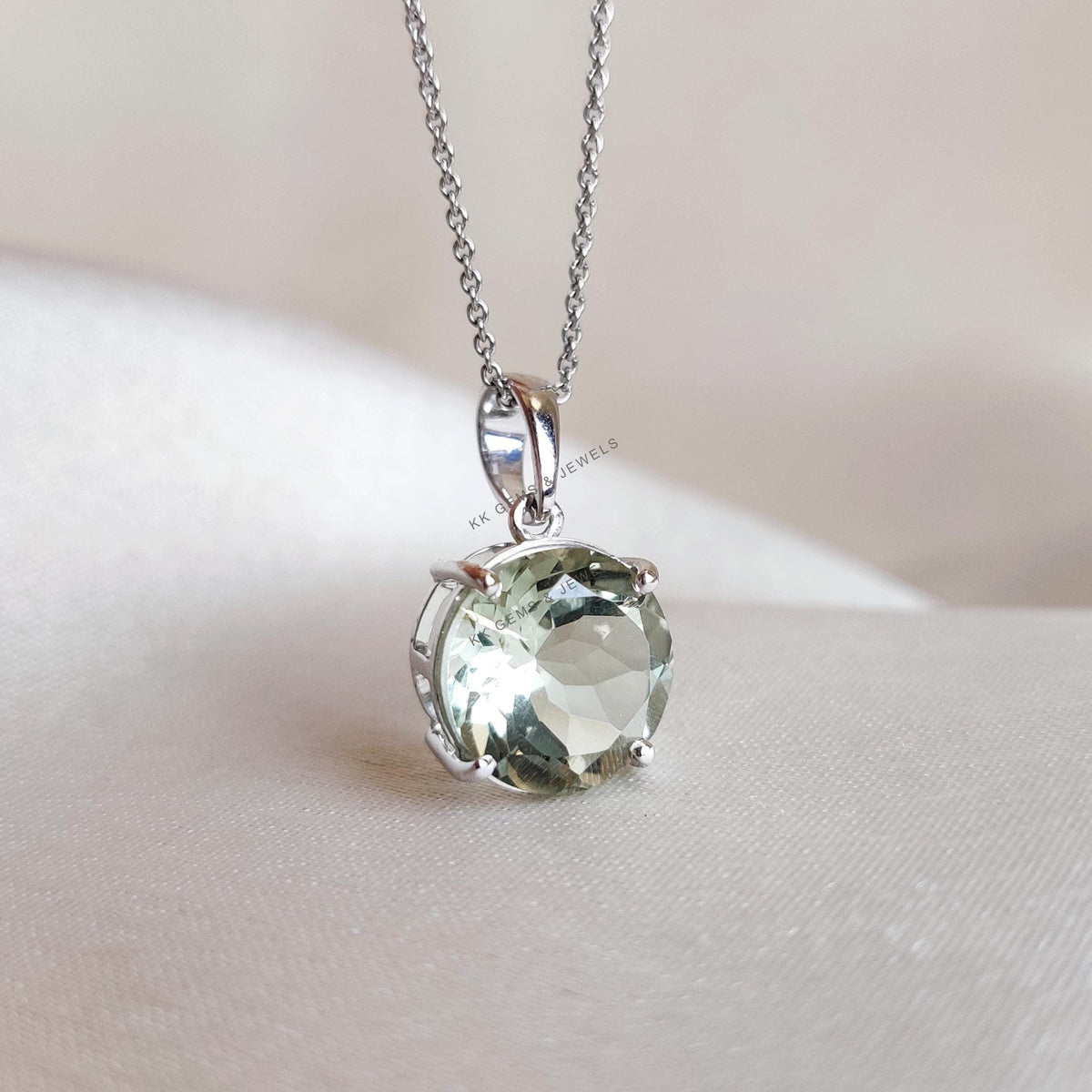 Natural Green Amethyst Pendant, 14K Solid White Gold, February Birthstone