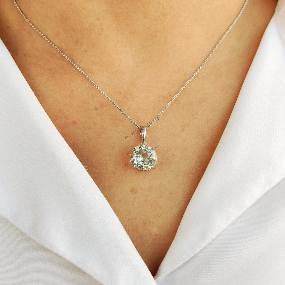 Natural Green Amethyst Pendant, 14K Solid White Gold, February Birthstone