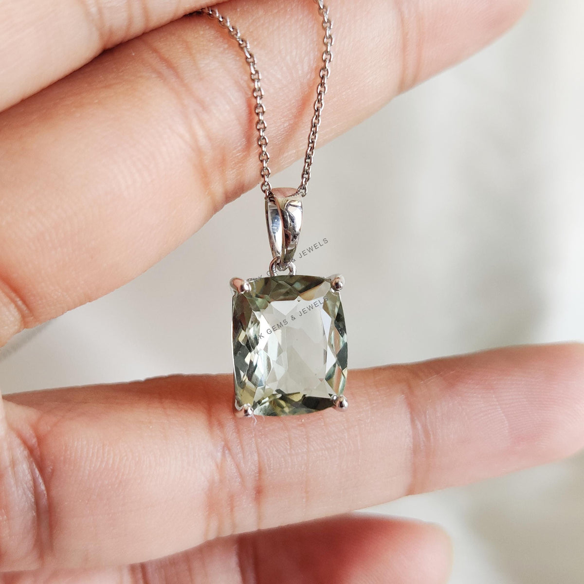 Natural Green Amethyst Pendant, 14K Solid White Gold, February Birthstone