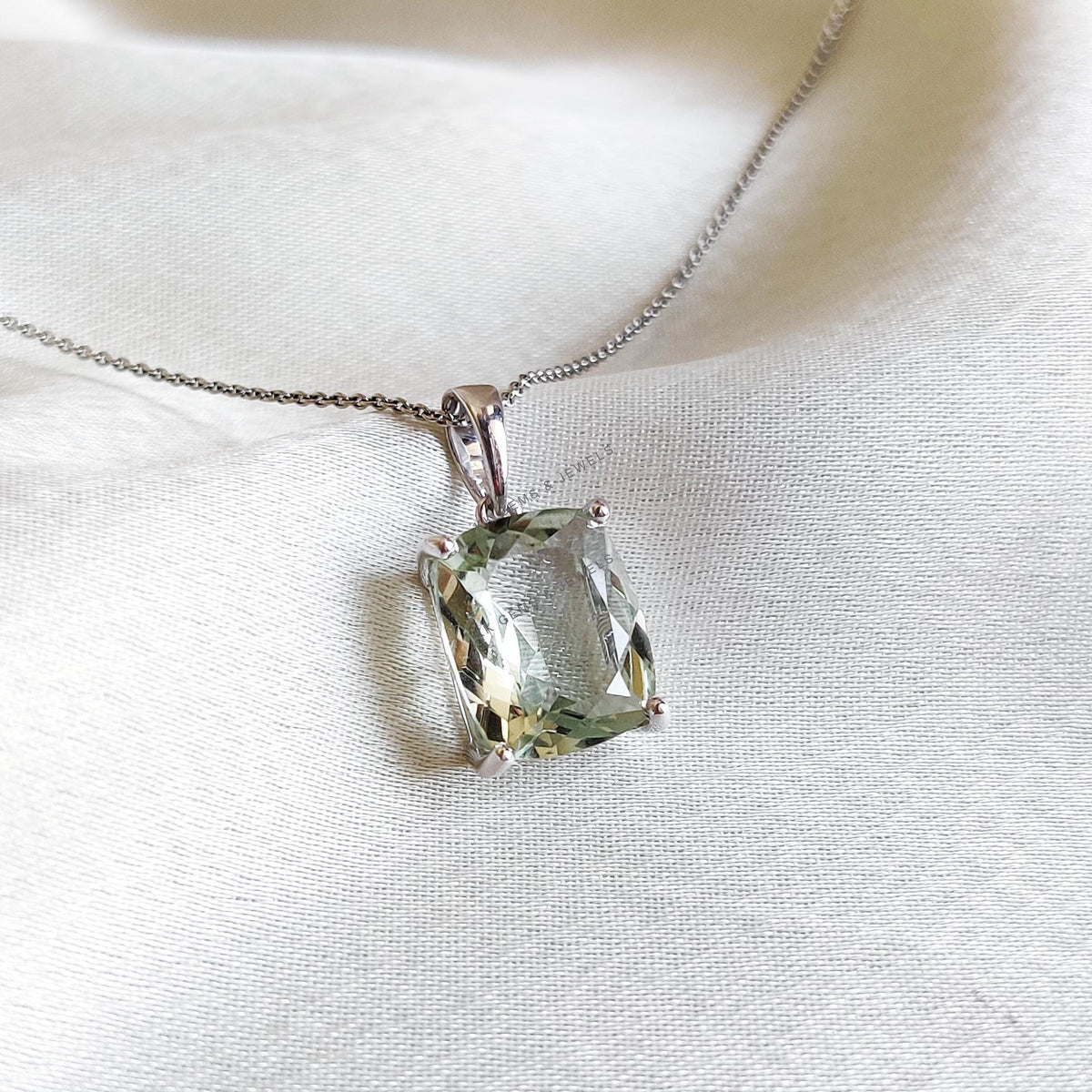 Natural Green Amethyst Pendant, 14K Solid White Gold, February Birthstone