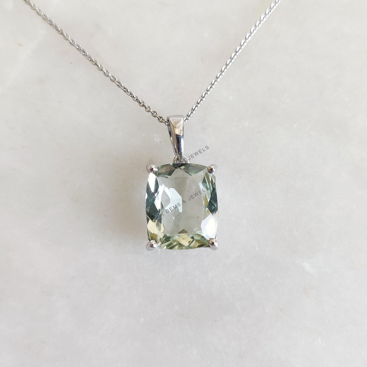 Natural Green Amethyst Pendant, 14K Solid White Gold, February Birthstone