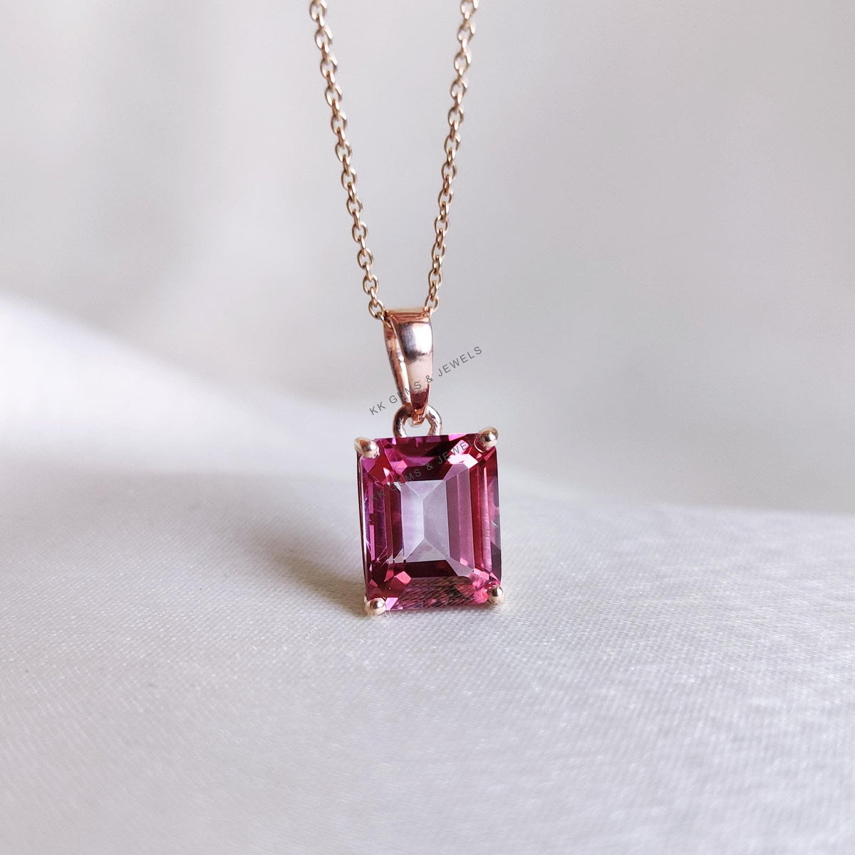 Emerald Cut Natural Pink Topaz Pendant, 14K Solid Rose Gold